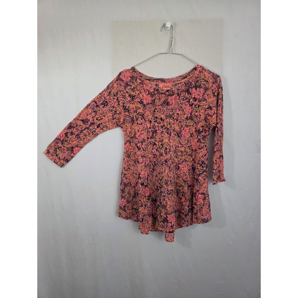 Tianello Womens S Velvet Burnout Tunic Pink Floral Boho Artsy Pullover Semisheer